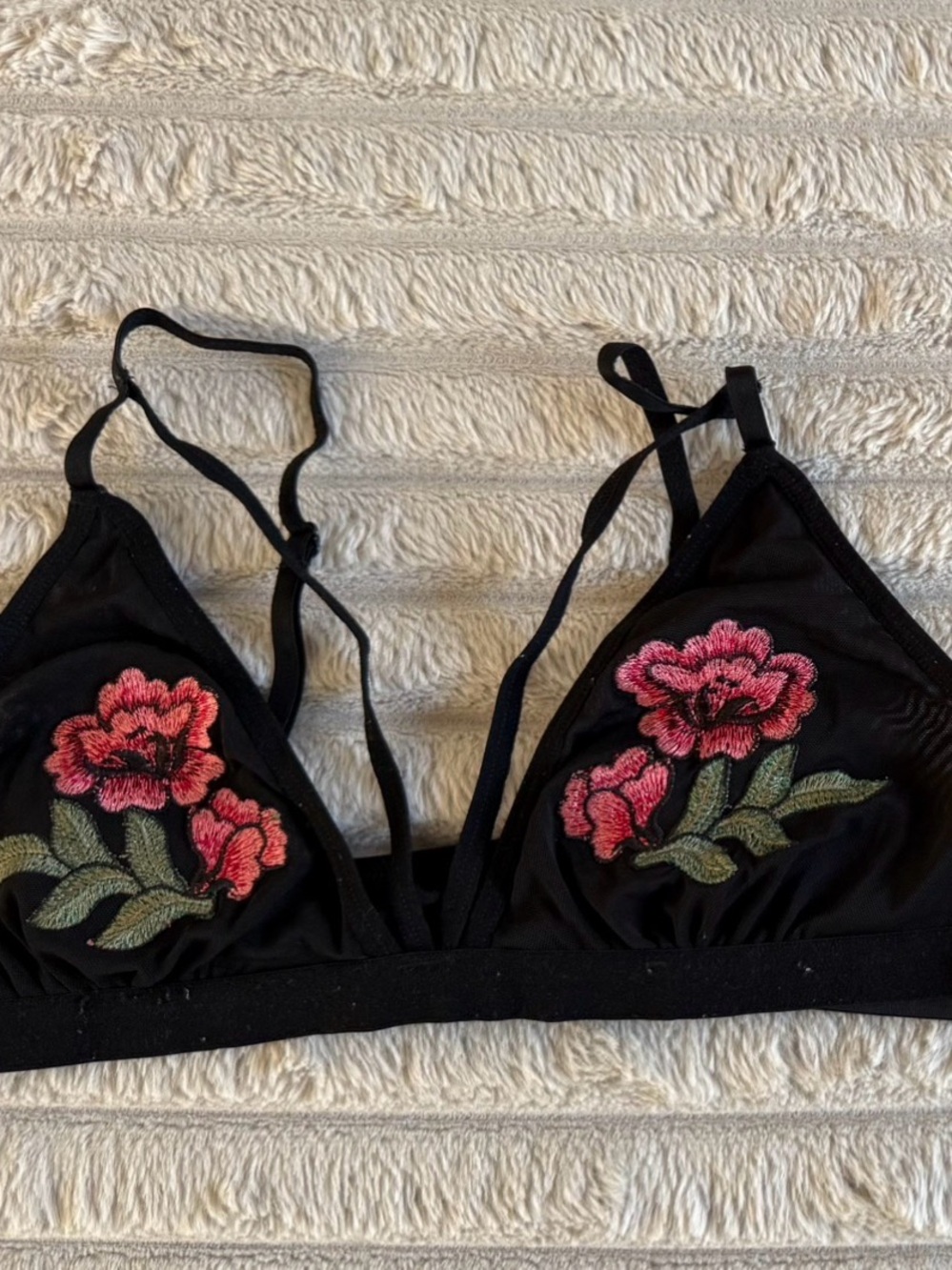 WOMANCE Black Floral Embroidered Triangle Bralette